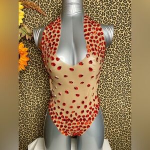 🦋B2G1🦋Mesh Teddy With Red Rhinestone Detail & Velvet Back Dancewear | ONE SIZE |